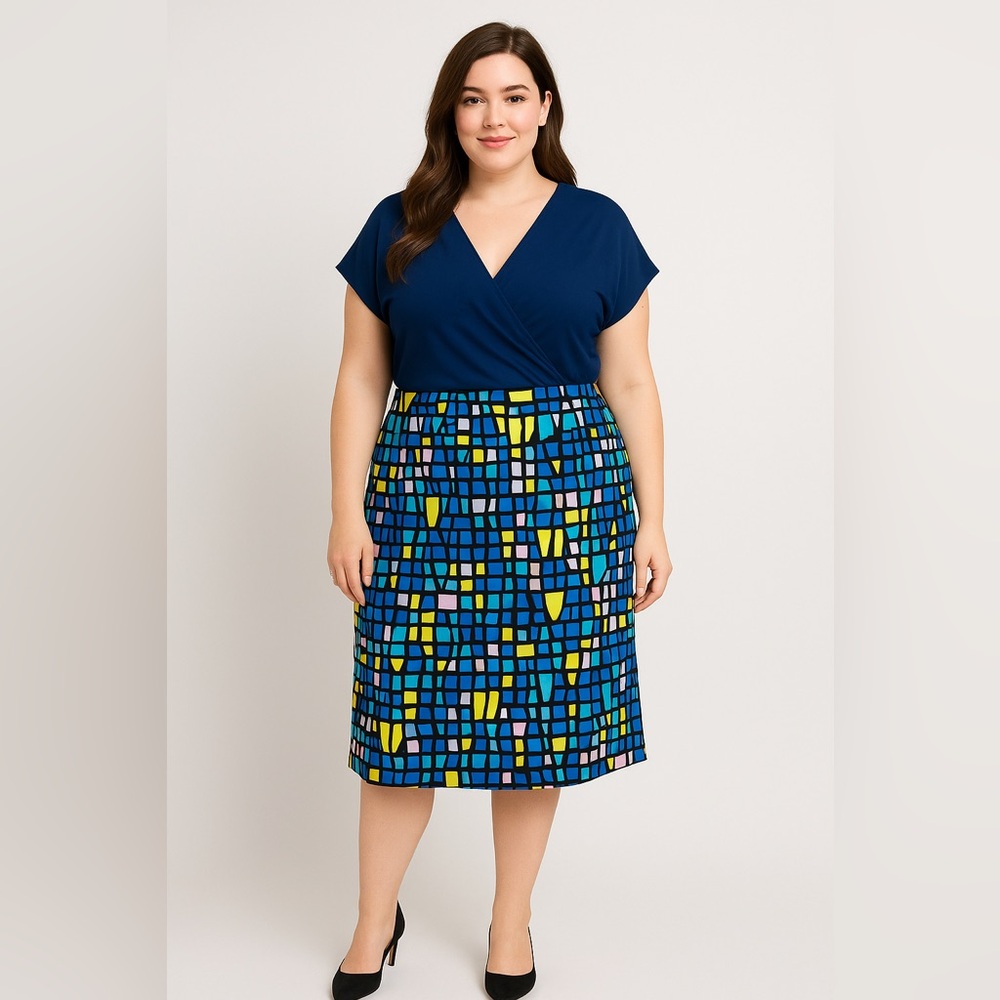 NEW‎ Leota USA-made blue yellow dolman sleeve wrap dress, size 1L